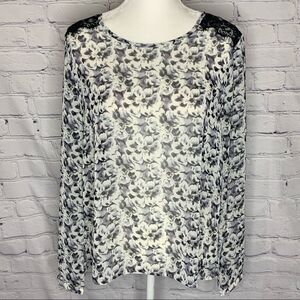 Lumiere Black and white floral semi-sheer lace shoulder long sleeve top